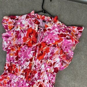 Kranda A Line Dress Womens M Multi Floral Flutter Sleeve Tie Neck Smocked Waist
